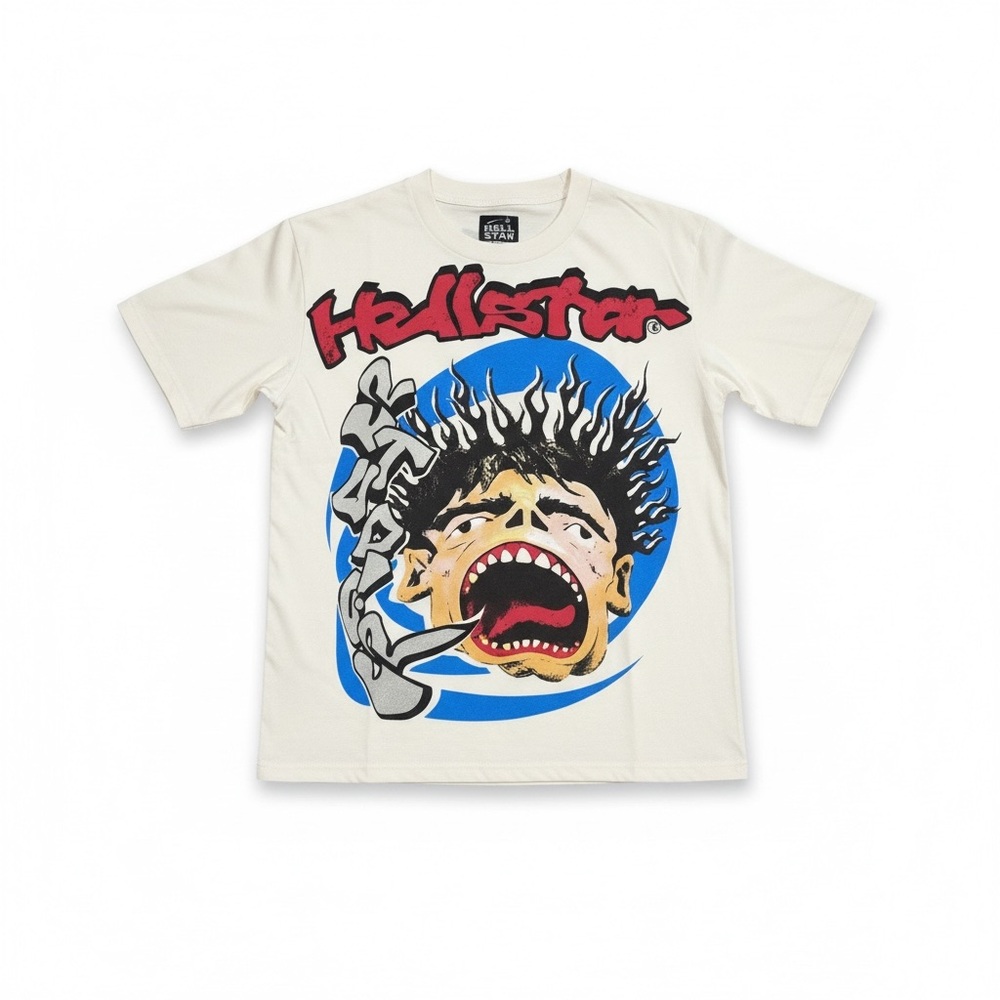 Hellstar Cream Short-Sleeve Graphic Tee with Blue & Red Print